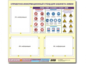 Стенд информационный "Правила техники безопасности в кабинете химии" (75х70, 3 кармана)